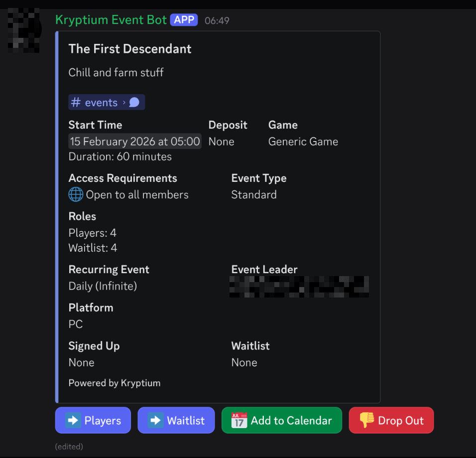 Kryptium Discord Backend (Event Bot & API)