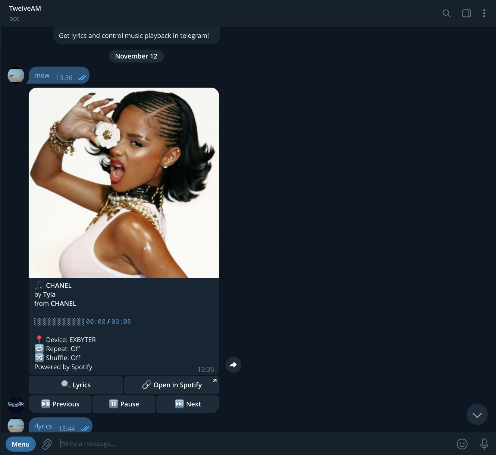 Spotify Telegram Bot (TwelveAM)